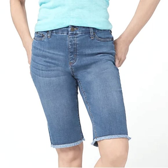 Denim & Co Easy Stretch Denim Frayed Hem Bermuda Shorts 11245 - Picture 1 of 2